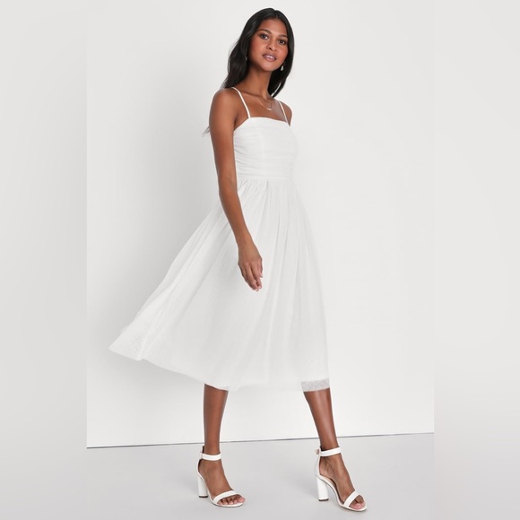 Lulus-Darling Sweetheart White Swiss Dot Ruched Midi Dress - Picture 3 of 5